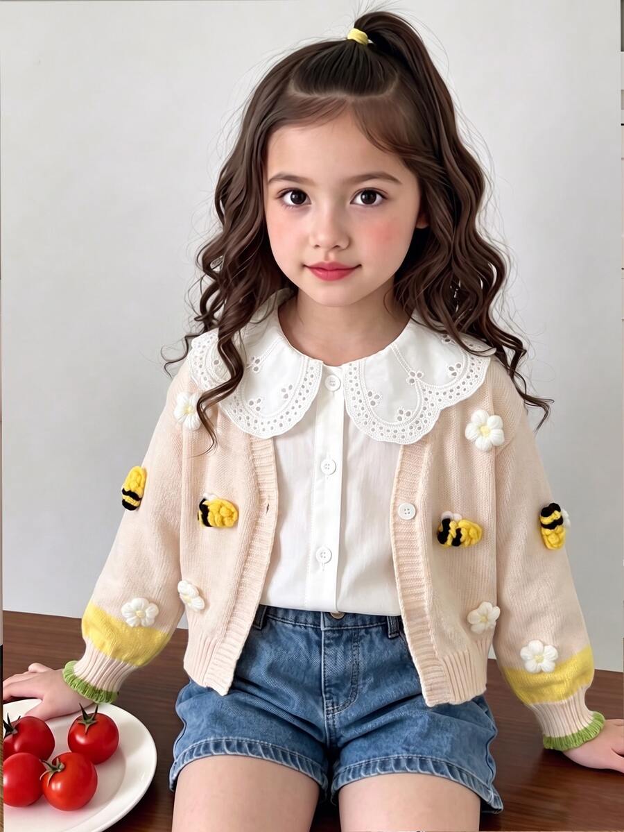 Young Girl 3D Floral Butterfly & Bee Pattern Casual Versatile Daily Wear Cardigan Autumn Fall - Multicolor - View 1