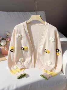 Young Girl 3D Floral Butterfly & Bee Pattern Casual Versatile Daily Wear Cardigan Autumn Fall - Multicolor - View 3