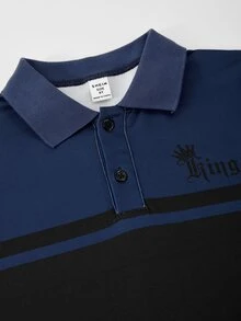 SHEIN 男童長袖 Polo 衫，拼接設計，簡約時尚翻領，海軍藍 - 彩色 - 查看 7