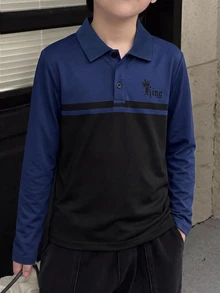 SHEIN 男童長袖 Polo 衫，拼接設計，簡約時尚翻領，海軍藍 - 彩色 - 查看 1
