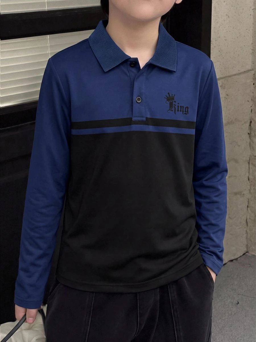 SHEIN 男童長袖 Polo 衫,拼接設計,簡約時尚翻領,海軍藍 - 彩色 - 查看 1