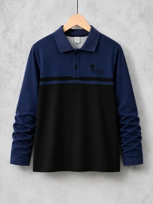 SHEIN 男童長袖 Polo 衫，拼接設計，簡約時尚翻領，海軍藍 - 彩色 - 查看 3