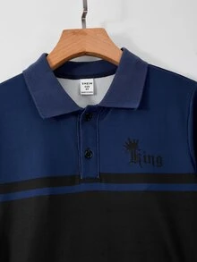 SHEIN 男童長袖 Polo 衫，拼接設計，簡約時尚翻領，海軍藍 - 彩色 - 查看 5