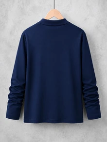 SHEIN 男童長袖 Polo 衫，拼接設計，簡約時尚翻領，海軍藍 - 彩色 - 查看 2