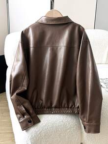 SHEIN 少女PU皮革夾克，寬鬆版型咖啡棕復古外套，小眾優雅皮革大衣，適合秋冬日常時尚穿搭 - 咖啡棕 - 查看 2
