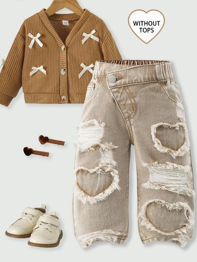 Baby Girls' Slant Waist Ripped Heart Jeans, Khaki, Summer, Soft Cotton Fabric, Back-To-School Career Day Tapered Pants, Light Wash Denim Graduation