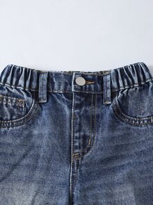 SHEIN Denimly 青少女刺繡破洞直筒牛仔褲，休閒時尚學院風淺色水洗藍布料，不對稱破洞設計，高腰 - 藍色 - 查看 6