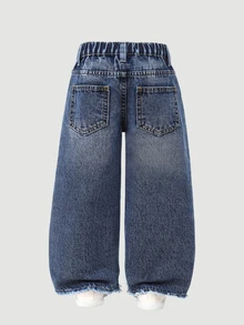 SHEIN Denimly 青少女刺繡破洞直筒牛仔褲，休閒時尚學院風淺色水洗藍布料，不對稱破洞設計，高腰 - 藍色 - 查看 3