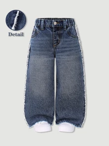 SHEIN Denimly 青少女刺繡破洞直筒牛仔褲，休閒時尚學院風淺色水洗藍布料，不對稱破洞設計，高腰 - 藍色 - 查看 5