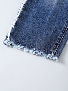 SHEIN Denimly 青少女刺繡破洞直筒牛仔褲，休閒時尚學院風淺色水洗藍布料，不對稱破洞設計，高腰 - 藍色 - 查看 4