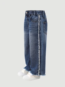 SHEIN Denimly 青少女刺繡破洞直筒牛仔褲，休閒時尚學院風淺色水洗藍布料，不對稱破洞設計，高腰 - 藍色 - 查看 7