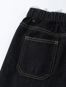SHEIN 青少年女孩新款休閒復古時尚個性化前綴破洞開衩石洗黑拼接3D蝴蝶結寬腿修身百搭四季藍色牛仔褲 - 藍色 - 查看 7