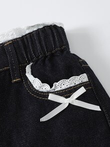 SHEIN 青少年女孩新款休閒復古時尚個性化前綴破洞開衩石洗黑拼接3D蝴蝶結寬腿修身百搭四季藍色牛仔褲 - 藍色 - 查看 5