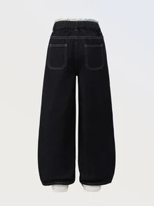 SHEIN 青少年女孩新款休閒復古時尚個性化前綴破洞開衩石洗黑拼接3D蝴蝶結寬腿修身百搭四季藍色牛仔褲 - 藍色 - 查看 2