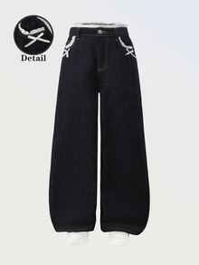 SHEIN 青少年女孩新款休閒復古時尚個性化前綴破洞開衩石洗黑拼接3D蝴蝶結寬腿修身百搭四季藍色牛仔褲 - 藍色 - 查看 3