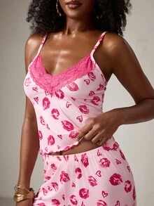 ZzzCrew Silk Lace Women's Pajama Set With Contrast Lace V-Neck Camisole And Long Pants, Sexy Style - Hot Pink - View 7