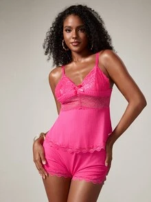 2pcs Lace Panel Cami Top And Shorts Pajama Set, Summer Sleepwear Set, Suitable For Valentine's Day, Wedding, Party And Home Wear - Hot Pink - View 5