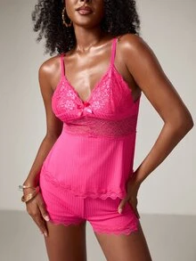 2pcs Lace Panel Cami Top And Shorts Pajama Set, Summer Sleepwear Set, Suitable For Valentine's Day, Wedding, Party And Home Wear - Hot Pink - View 4