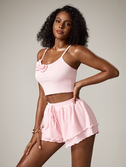 2pcs/Set Ditsy Floral Camisole Pajama Set, Lace Trim Soft & Cute Loungewear, Breathable Jacquard Fabric Can Be Worn Outdoors, Sweet Girl Youthful Look