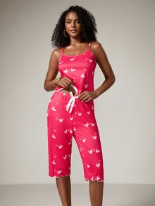 2pcs Women Casual Sexy Heart Print Ruffle Camisole And Bow Decor 3/4 Pants Pajama Set - Red - View 6