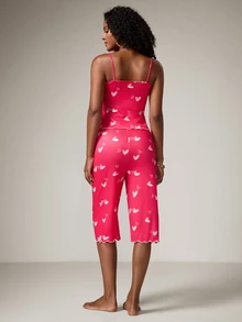 2pcs Women Casual Sexy Heart Print Ruffle Camisole And Bow Decor 3/4 Pants Pajama Set - Red - View 2