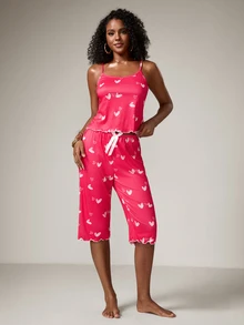 2pcs Women Casual Sexy Heart Print Ruffle Camisole And Bow Decor 3/4 Pants Pajama Set - Red - View 4