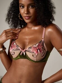 2pcs Bow Embroidery Sheer Mesh Lingerie Set, Pink & Green Colorblock Spaghetti Strap Bra And Panties, Cute Alluring Skin-Friendly Elegant Fitted Underwear - Dark Green - View 8