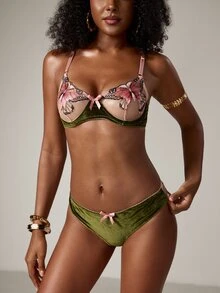 2pcs Bow Embroidery Sheer Mesh Lingerie Set, Pink & Green Colorblock Spaghetti Strap Bra And Panties, Cute Alluring Skin-Friendly Elegant Fitted Underwear - Dark Green - View 5