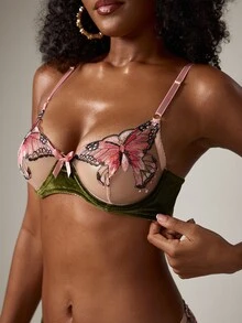2pcs Bow Embroidery Sheer Mesh Lingerie Set, Pink & Green Colorblock Spaghetti Strap Bra And Panties, Cute Alluring Skin-Friendly Elegant Fitted Underwear - Dark Green - View 6