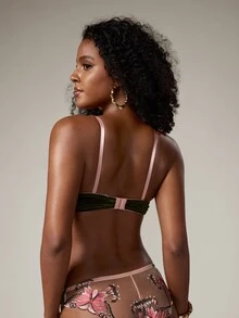 2pcs Bow Embroidery Sheer Mesh Lingerie Set, Pink & Green Colorblock Spaghetti Strap Bra And Panties, Cute Alluring Skin-Friendly Elegant Fitted Underwear - Dark Green - View 2