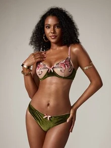 2pcs Bow Embroidery Sheer Mesh Lingerie Set, Pink & Green Colorblock Spaghetti Strap Bra And Panties, Cute Alluring Skin-Friendly Elegant Fitted Underwear - Dark Green - View 4