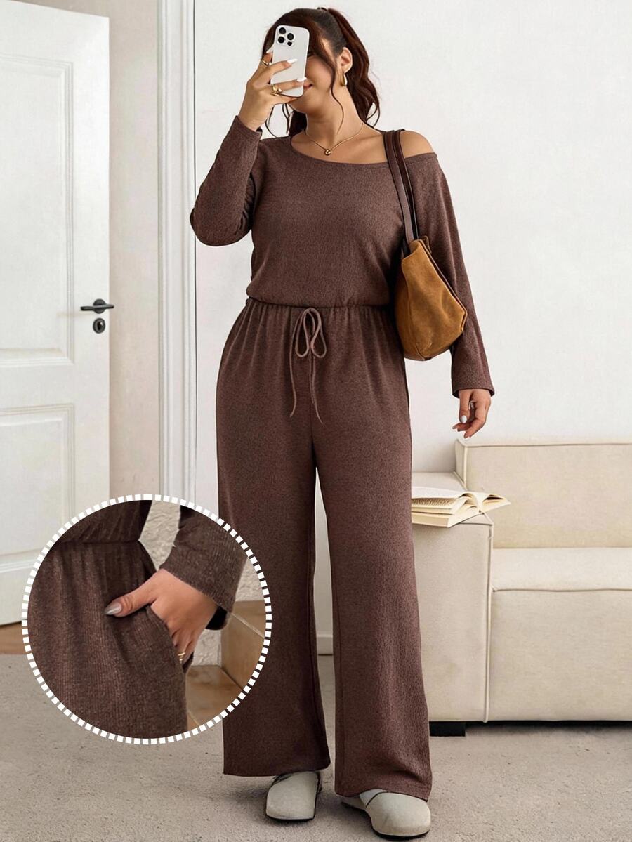 SHEIN Frenchy Plus Size Women Solid Color Asymmetric Neck Casual Western Traditional Lounge Daily Wear Brown Jumpsuit Autumn Office Formal Vacation Business Work