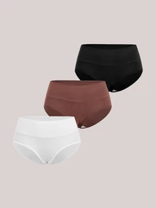 Veilyse 3条装 白色、黑色、卡其色 女士高腰塑身棉质三角裤 - 彩色 - 查看 13