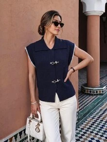 Flora Isola Flora Isola Spring/Autumn Mature Commuter Style Ribbed Knit Vest, Lapel Sleeveless Metal Airplane Button Hem Split Ribbed Waist Vest, Daily Commute Campus Layering Versatile Cool Chic Top Women's Thin Cardigan - Blue - View 6