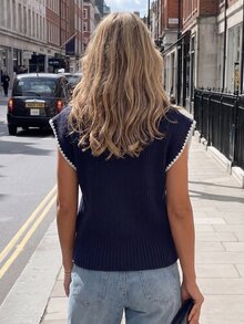 Flora Isola Flora Isola Spring/Autumn Mature Commuter Style Ribbed Knit Vest, Lapel Sleeveless Metal Airplane Button Hem Split Ribbed Waist Vest, Daily Commute Campus Layering Versatile Cool Chic Top Women's Thin Cardigan - Blue - View 2