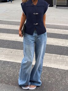 Flora Isola Flora Isola Spring/Autumn Mature Commuter Style Ribbed Knit Vest, Lapel Sleeveless Metal Airplane Button Hem Split Ribbed Waist Vest, Daily Commute Campus Layering Versatile Cool Chic Top Women's Thin Cardigan - Blue - View 4