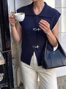 Flora Isola Flora Isola Spring/Autumn Mature Commuter Style Ribbed Knit Vest, Lapel Sleeveless Metal Airplane Button Hem Split Ribbed Waist Vest, Daily Commute Campus Layering Versatile Cool Chic Top Women's Thin Cardigan - Blue - View 5
