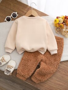 Cozy Pixies 男嬰童可愛熊刺繡運動衫套裝 休閒日常時尚 百搭 秋冬新款 - 卡其色 - 查看 3