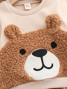 Cozy Pixies 男嬰童可愛熊刺繡運動衫套裝 休閒日常時尚 百搭 秋冬新款 - 卡其色 - 查看 4