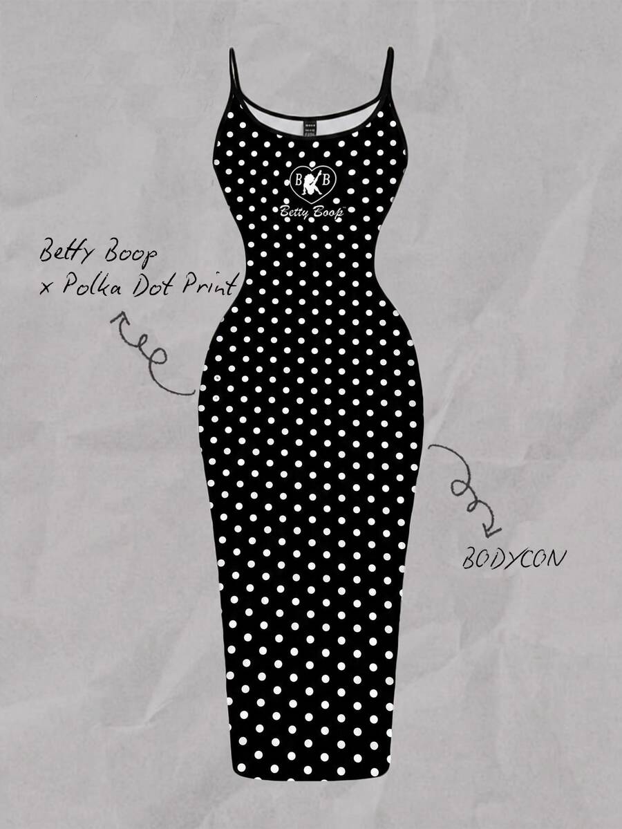Betty Boop x SHEIN SHEIN EZwear 休閒繃帶性感極簡復古波點 Betty 聯名印花修身細肩帶長洋裝 夏季夜晚外出派對海灘度假 - 彩色 - 查看 1