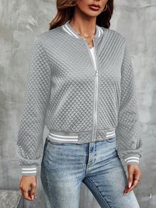 SHEIN Franclia 女款紋理拉鍊條紋拼色長袖夾克 - 灰色 - 查看 4