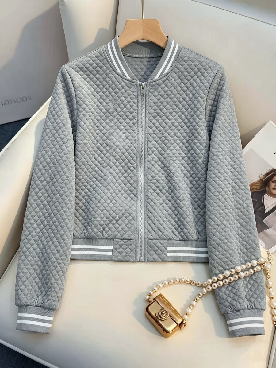 SHEIN Franclia 女款紋理拉鍊條紋拼色長袖夾克 - 灰色 - 查看 1