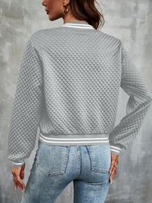 SHEIN Franclia 女款紋理拉鍊條紋拼色長袖夾克 - 灰色 - 查看 2