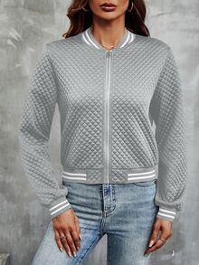 SHEIN Franclia 女款紋理拉鍊條紋拼色長袖夾克 - 灰色 - 查看 5