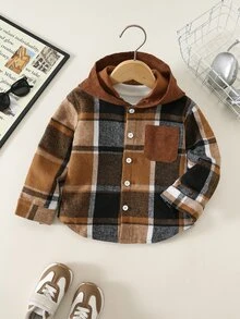 SHEIN Boys' Hooded Plaid Shirt, Brown And White Check Casual Shacket - Brown - View 1