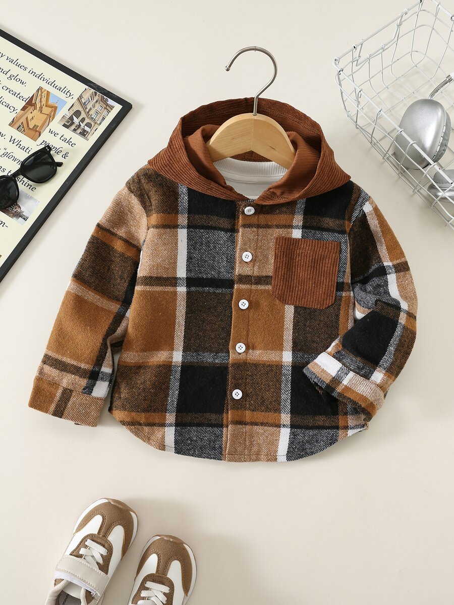 SHEIN Boys' Hooded Plaid Shirt, Brown And White Check Casual Shacket - Brown - View 1