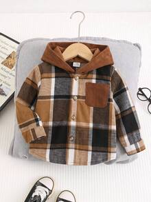 SHEIN Boys' Hooded Plaid Shirt, Brown And White Check Casual Shacket - Brown - View 4