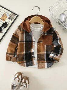 SHEIN Boys' Hooded Plaid Shirt, Brown And White Check Casual Shacket - Brown - View 2