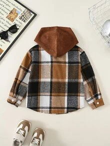 SHEIN Boys' Hooded Plaid Shirt, Brown And White Check Casual Shacket - Brown - View 3