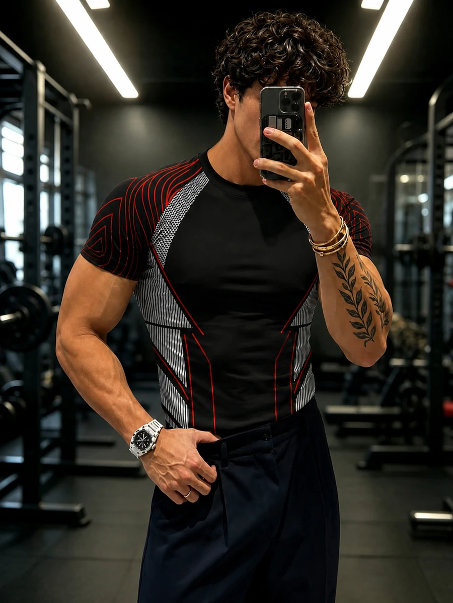 GymBeat 男士拼色拼接短袖修身運動T恤 - 彩色 - 查看 1